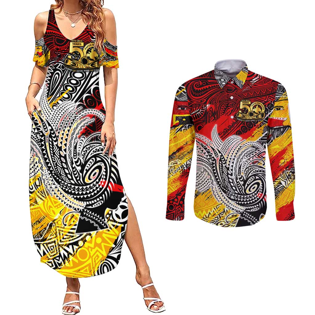 Papua New Guinea 50th Independence Day Couples Matching Summer Maxi Dress and Long Sleeve Button Shirt Celebrate Our History, Inspire Our Future