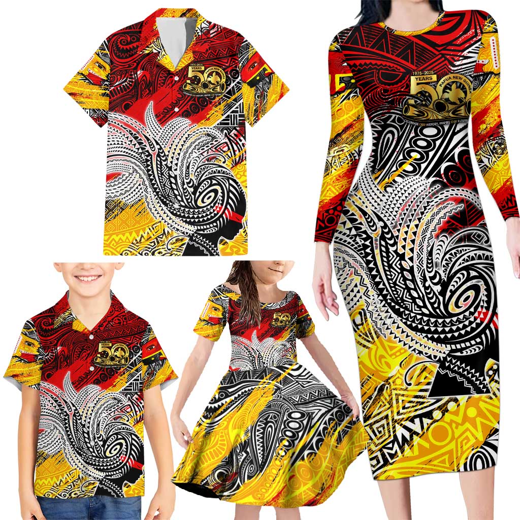 Papua New Guinea 50th Independence Day Family Matching Long Sleeve Bodycon Dress and Hawaiian Shirt Celebrate Our History, Inspire Our Future