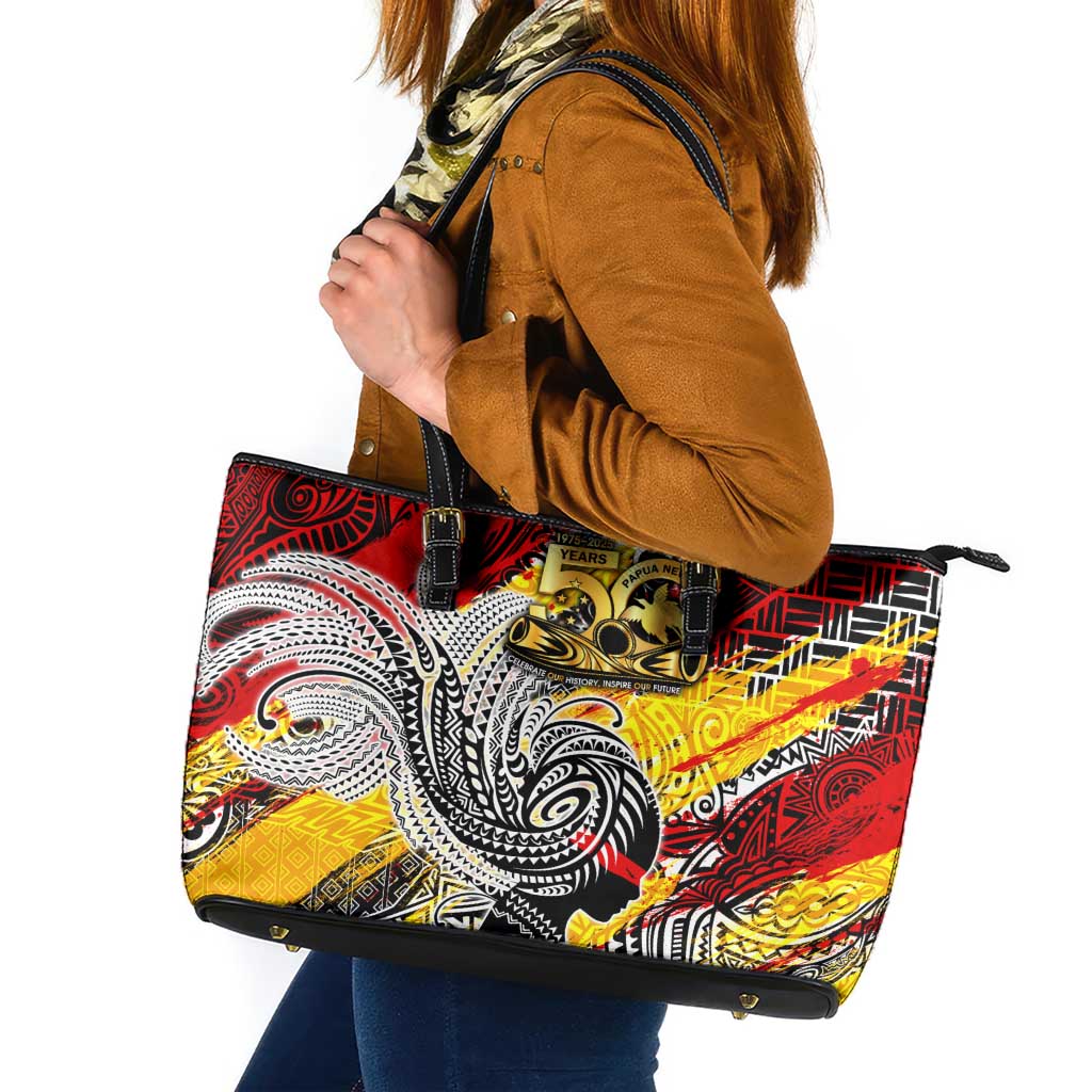 Papua New Guinea 50th Independence Day Leather Tote Bag Celebrate Our History, Inspire Our Future