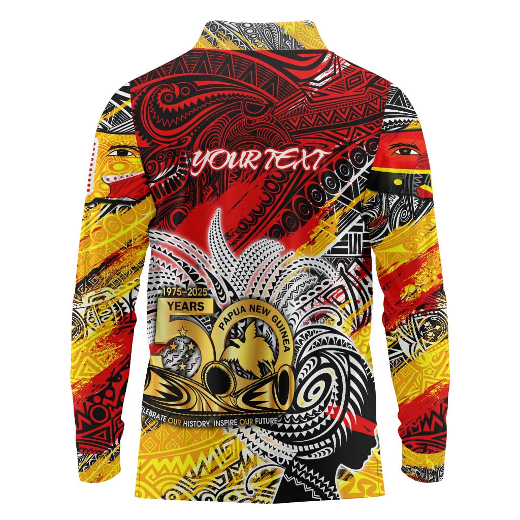 Papua New Guinea 50th Independence Day Long Sleeve Polo Shirt Celebrate Our History, Inspire Our Future