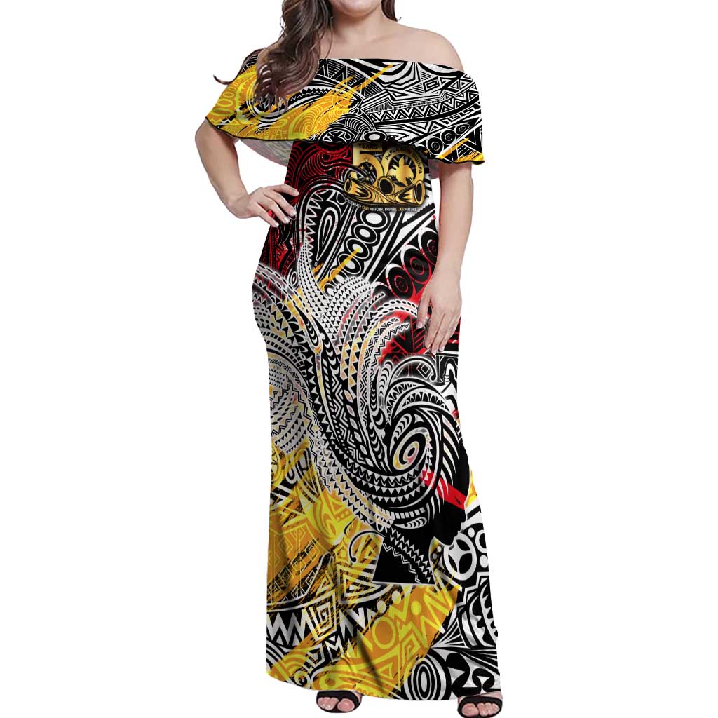 Papua New Guinea 50th Independence Day Off Shoulder Maxi Dress Celebrate Our History, Inspire Our Future