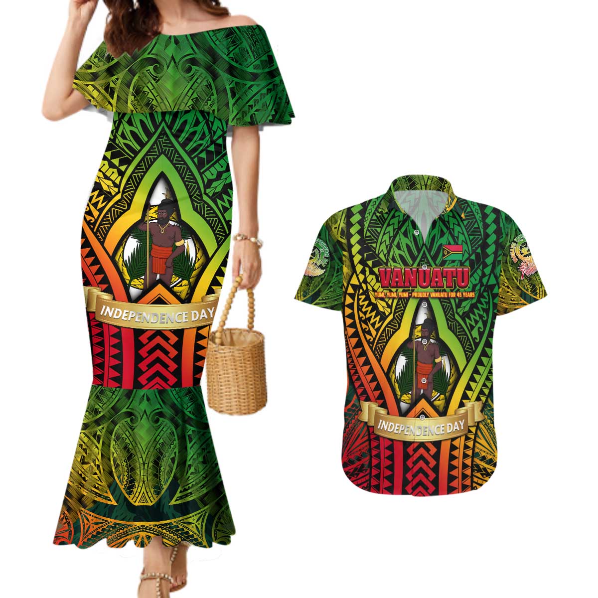 Vanuatu 45th Independence Anniversary Couples Matching Mermaid Dress and Hawaiian Shirt Embracing Our Traditions Shaping Our Future
