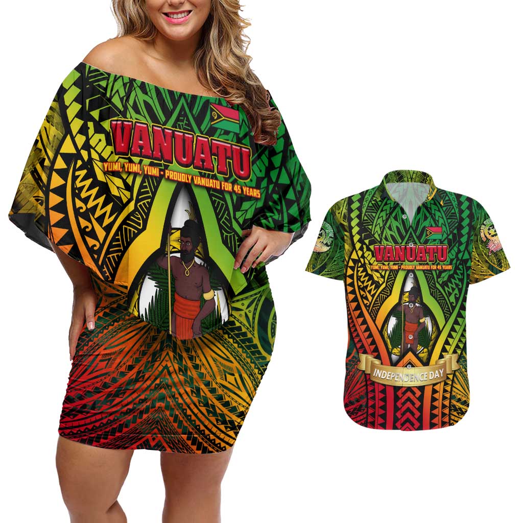 Vanuatu 45th Independence Anniversary Couples Matching Off Shoulder Short Dress and Hawaiian Shirt Embracing Our Traditions Shaping Our Future