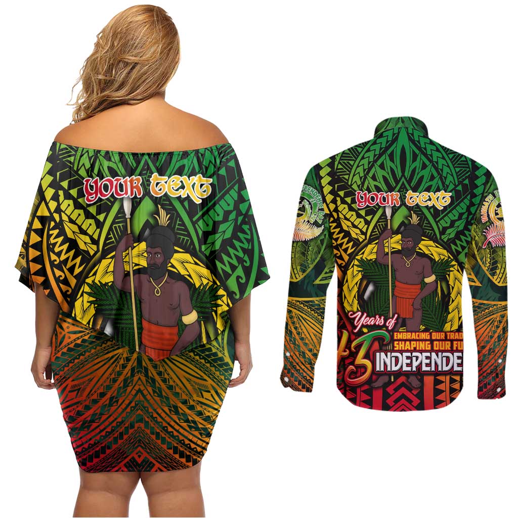 Vanuatu 45th Independence Anniversary Couples Matching Off Shoulder Short Dress and Long Sleeve Button Shirt Embracing Our Traditions Shaping Our Future