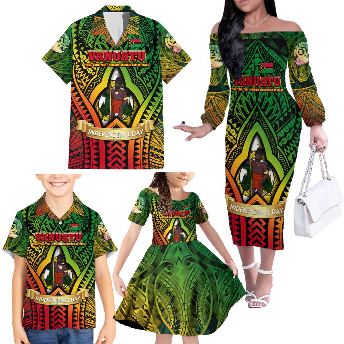 Vanuatu 45th Independence Anniversary Family Matching Off The Shoulder Long Sleeve Dress and Hawaiian Shirt Embracing Our Traditions Shaping Our Future