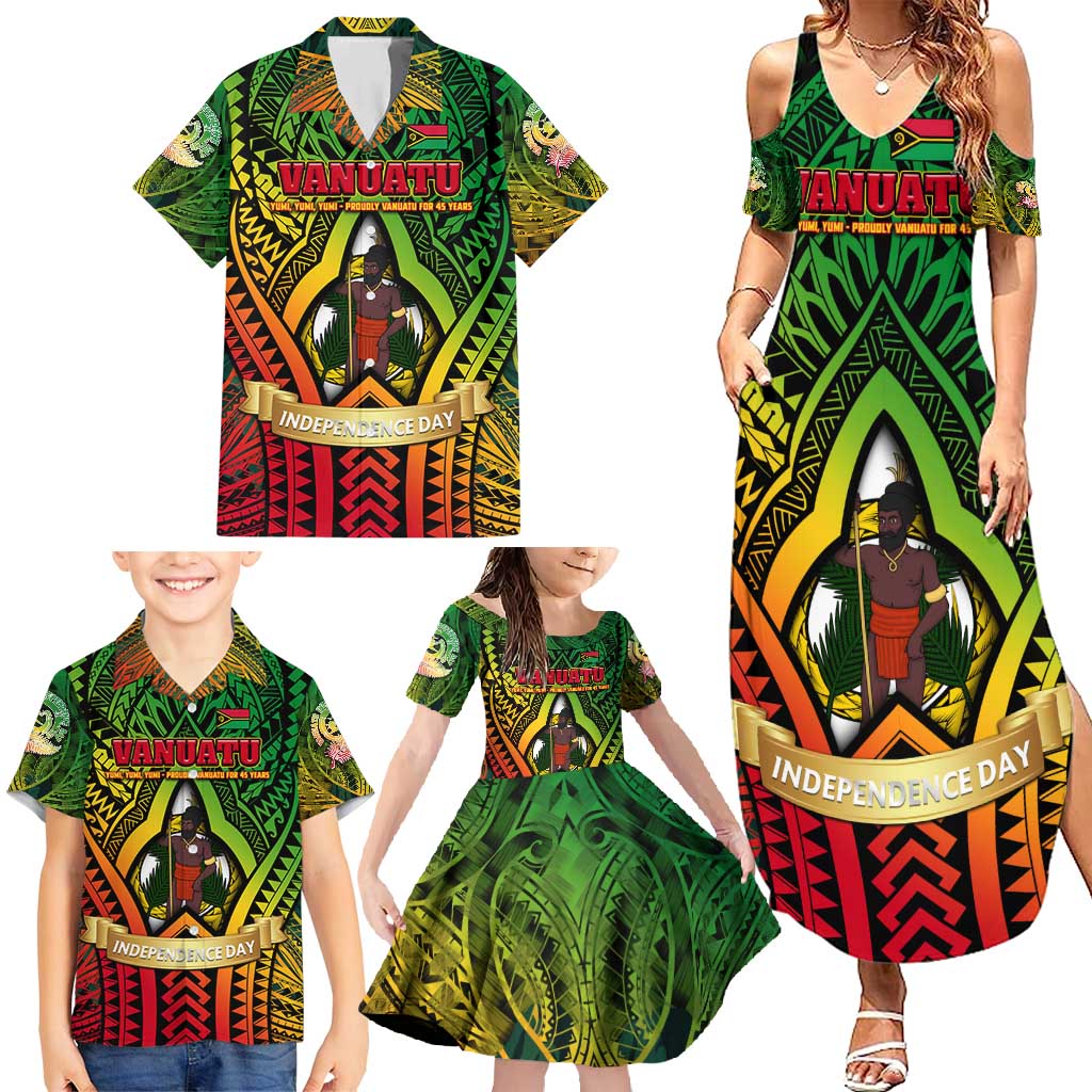 Vanuatu 45th Independence Anniversary Family Matching Summer Maxi Dress and Hawaiian Shirt Embracing Our Traditions Shaping Our Future