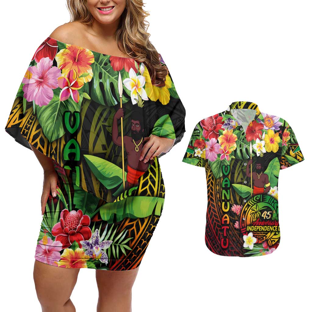 45th Anniversary of Freedom Vanuatu Couples Matching Off Shoulder Short Dress and Hawaiian Shirt Island Pride Cultural Power Pacific Unity