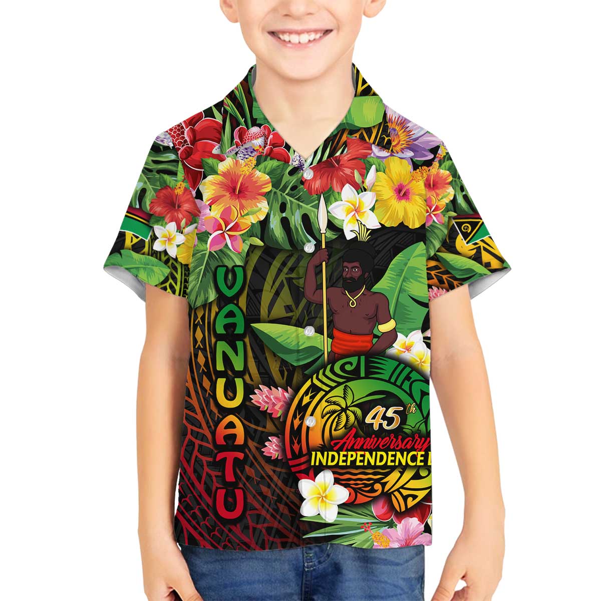 45th Anniversary of Freedom Vanuatu Family Matching Off The Shoulder Long Sleeve Dress and Hawaiian Shirt Island Pride Cultural Power Pacific Unity