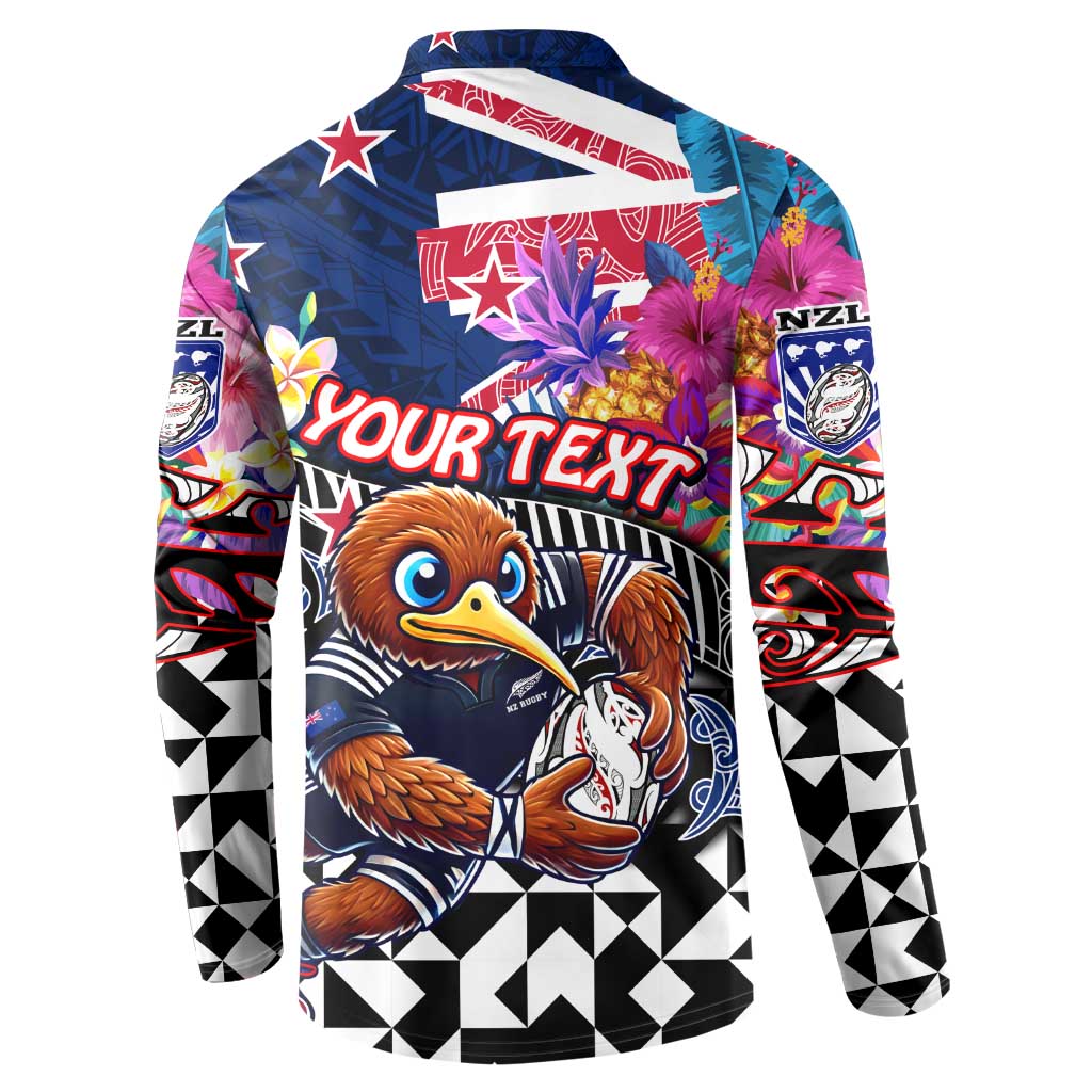 Personalized Kiwi New Zealand Rugby Button Sweatshirt Kiwis Mascot Tropical Pattern