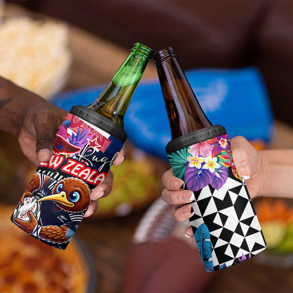 Kiwi New Zealand Rugby 4 in 1 Can Cooler Tumbler Kiwis Mascot Tropical Pattern