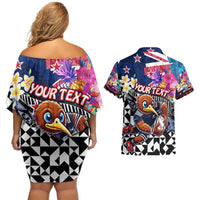 Personalized Kiwi New Zealand Rugby Couples Matching Off Shoulder Short Dress and Hawaiian Shirt Kiwis Mascot Tropical Pattern