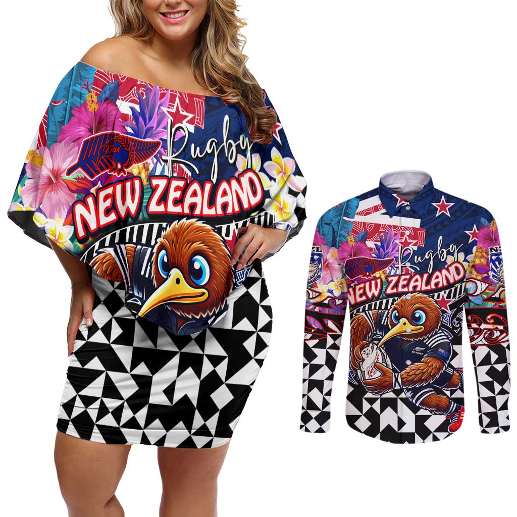 Personalized Kiwi New Zealand Rugby Couples Matching Off Shoulder Short Dress and Long Sleeve Button Shirt Kiwis Mascot Tropical Pattern
