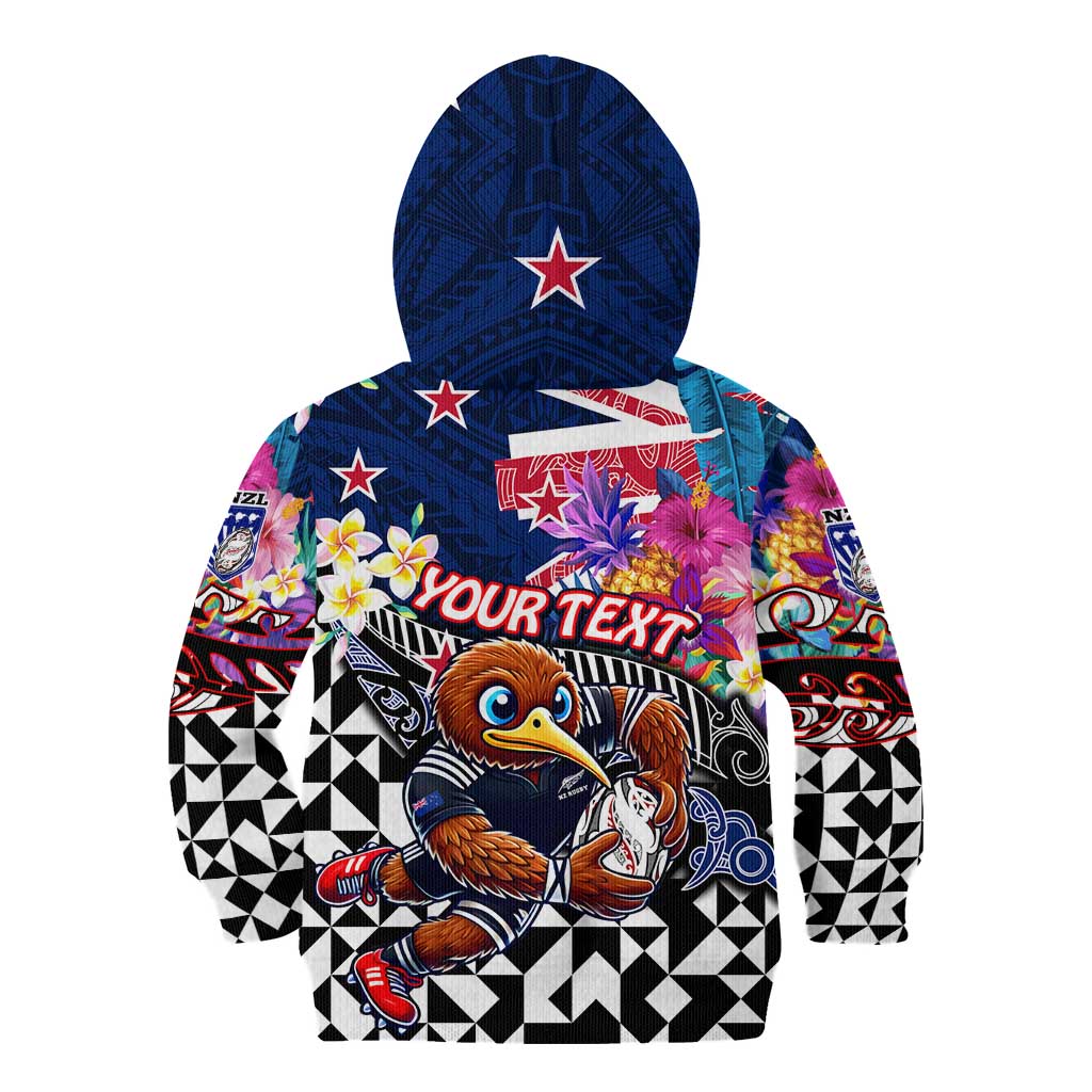 Personalized Kiwi New Zealand Rugby Kid Hoodie Kiwis Mascot Tropical Pattern