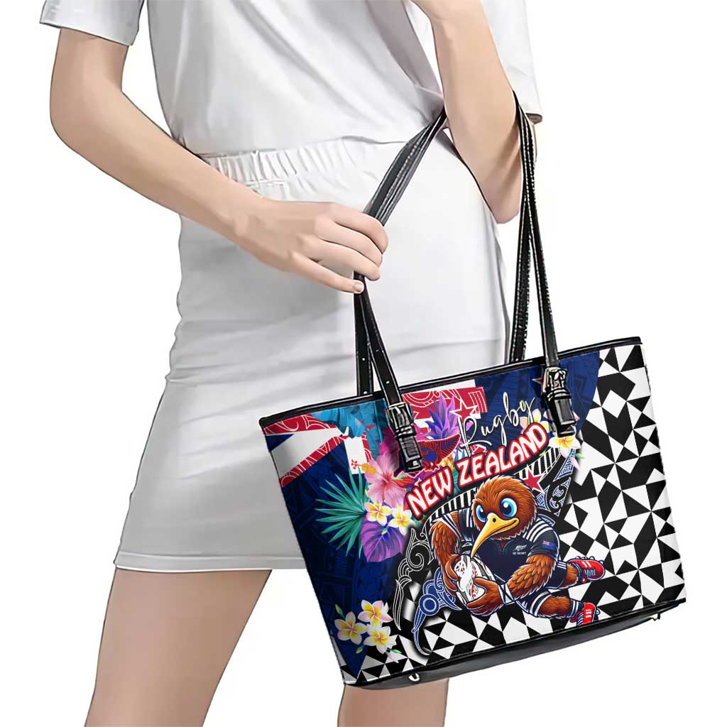 Kiwi New Zealand Rugby Leather Tote Bag Kiwis Mascot Tropical Pattern