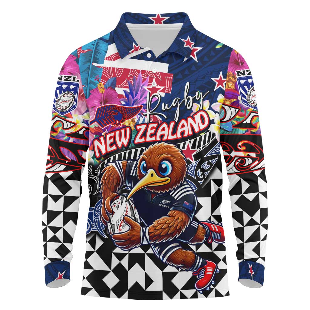 Personalized Kiwi New Zealand Rugby Long Sleeve Polo Shirt Kiwis Mascot Tropical Pattern