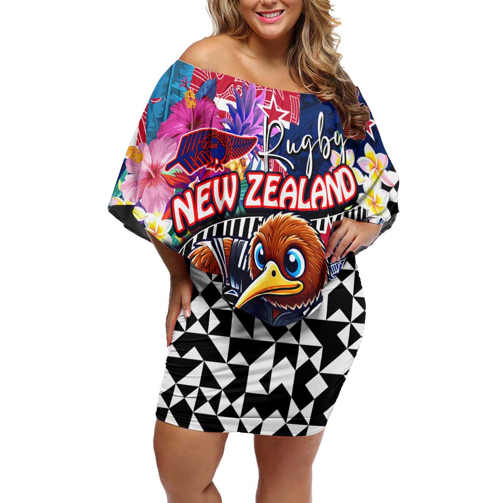 Personalized Kiwi New Zealand Rugby Off Shoulder Short Dress Kiwis Mascot Tropical Pattern