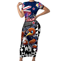 Personalized Kiwi New Zealand Rugby Short Sleeve Bodycon Dress Kiwis Mascot Tropical Pattern DT02 Long Dress Blue - Polynesian Pride
