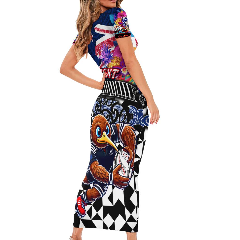 Personalized Kiwi New Zealand Rugby Short Sleeve Bodycon Dress Kiwis Mascot Tropical Pattern DT02 - Polynesian Pride