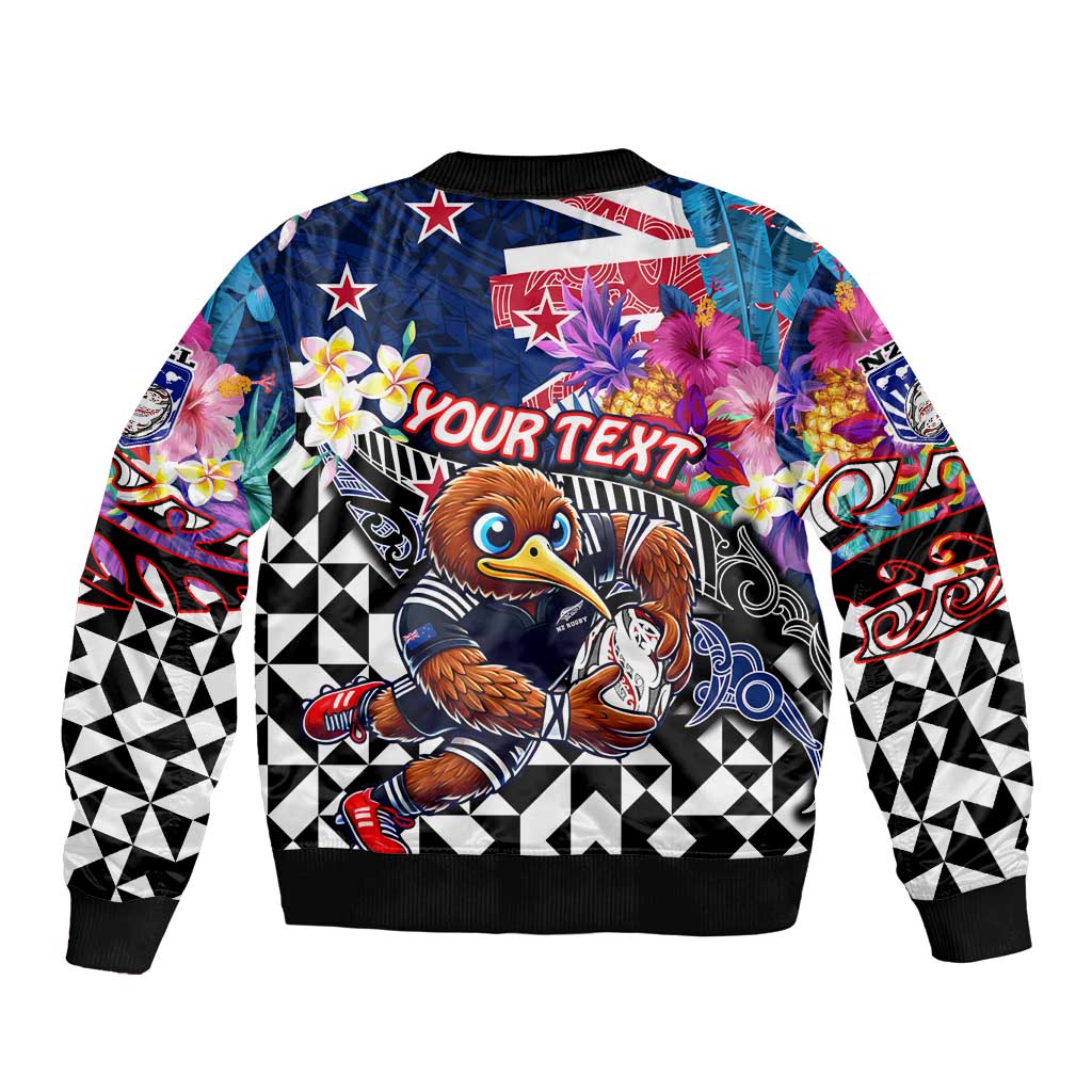 Personalized Kiwi New Zealand Rugby Sleeve Zip Bomber Jacket Kiwis Mascot Tropical Pattern
