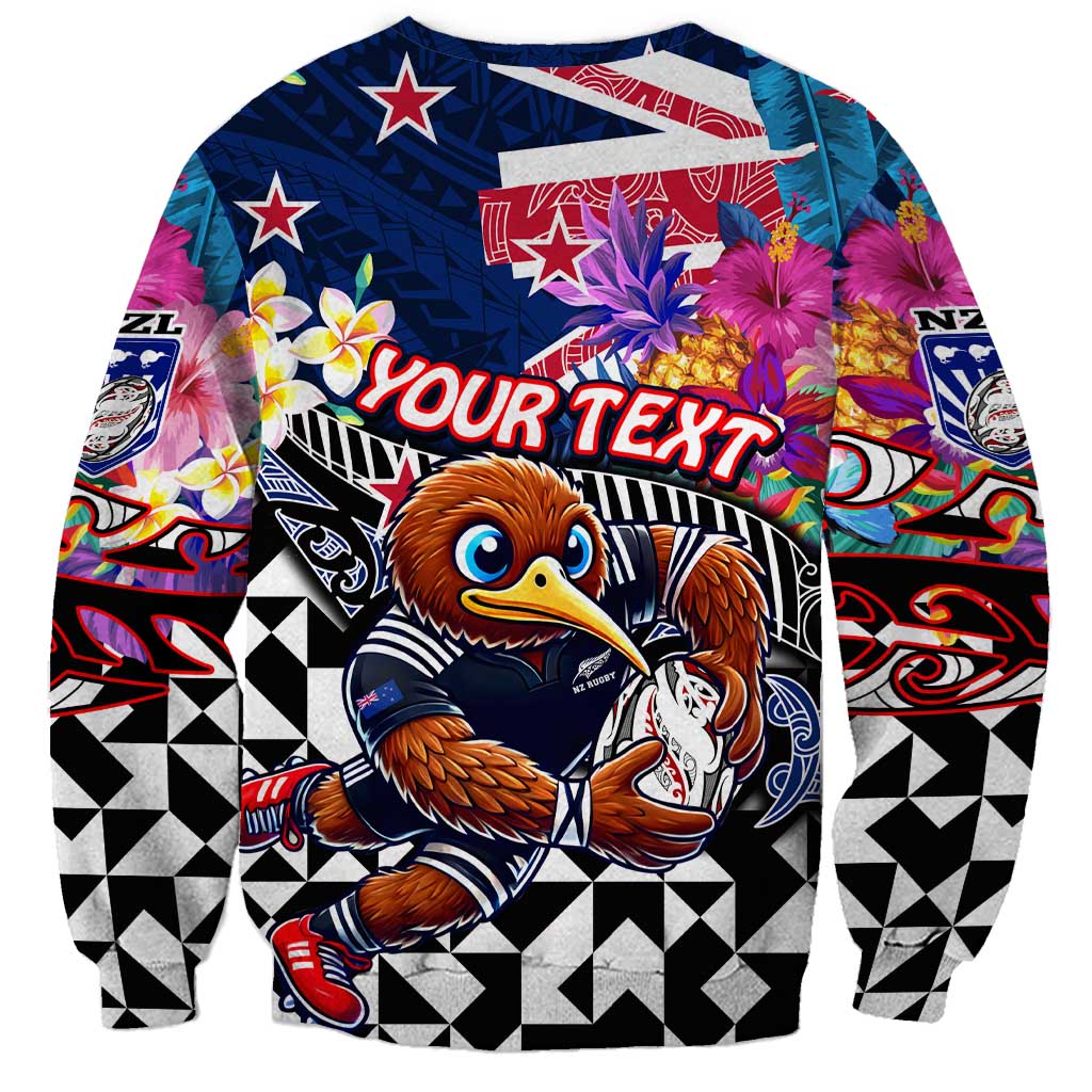 Personalized Kiwi New Zealand Rugby Sweatshirt Kiwis Mascot Tropical Pattern