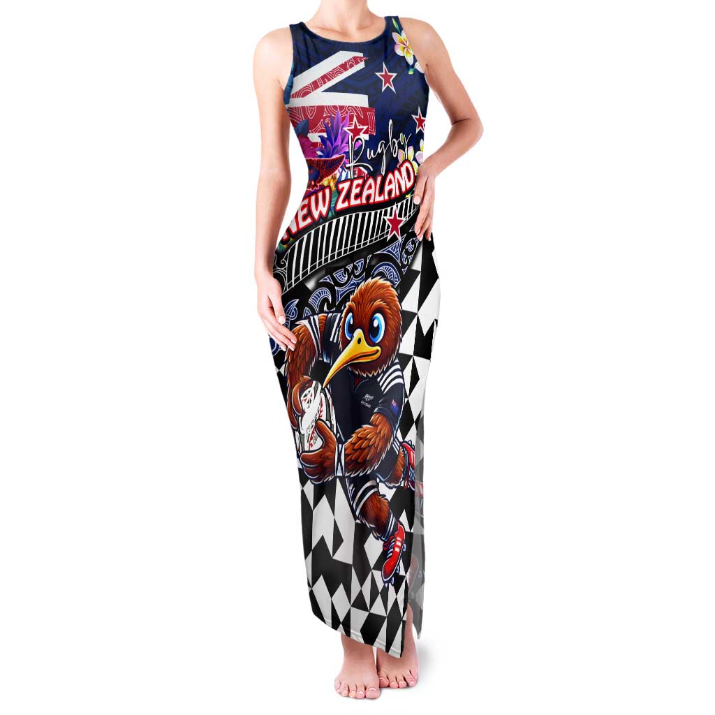 Personalized Kiwi New Zealand Rugby Tank Maxi Dress Kiwis Mascot Tropical Pattern DT02 Women Blue - Polynesian Pride