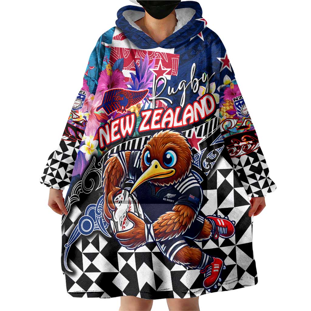 Personalized Kiwi New Zealand Rugby Wearable Blanket Hoodie Kiwis Mascot Tropical Pattern