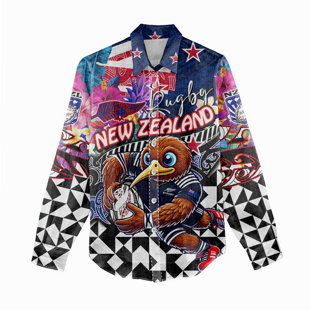 Personalized Kiwi New Zealand Rugby Women Casual Shirt Kiwis Mascot Tropical Pattern