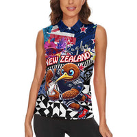 Personalized Kiwi New Zealand Rugby Women Sleeveless Polo Shirt Kiwis Mascot Tropical Pattern