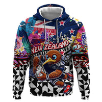 Personalized Kiwi New Zealand Rugby Zip Hoodie Kiwis Mascot Tropical Pattern