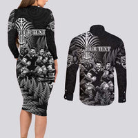 Personalized All Black Brothers Rugby Couples Matching Long Sleeve Bodycon Dress and Long Sleeve Button Shirt New Zealand Maori Haka