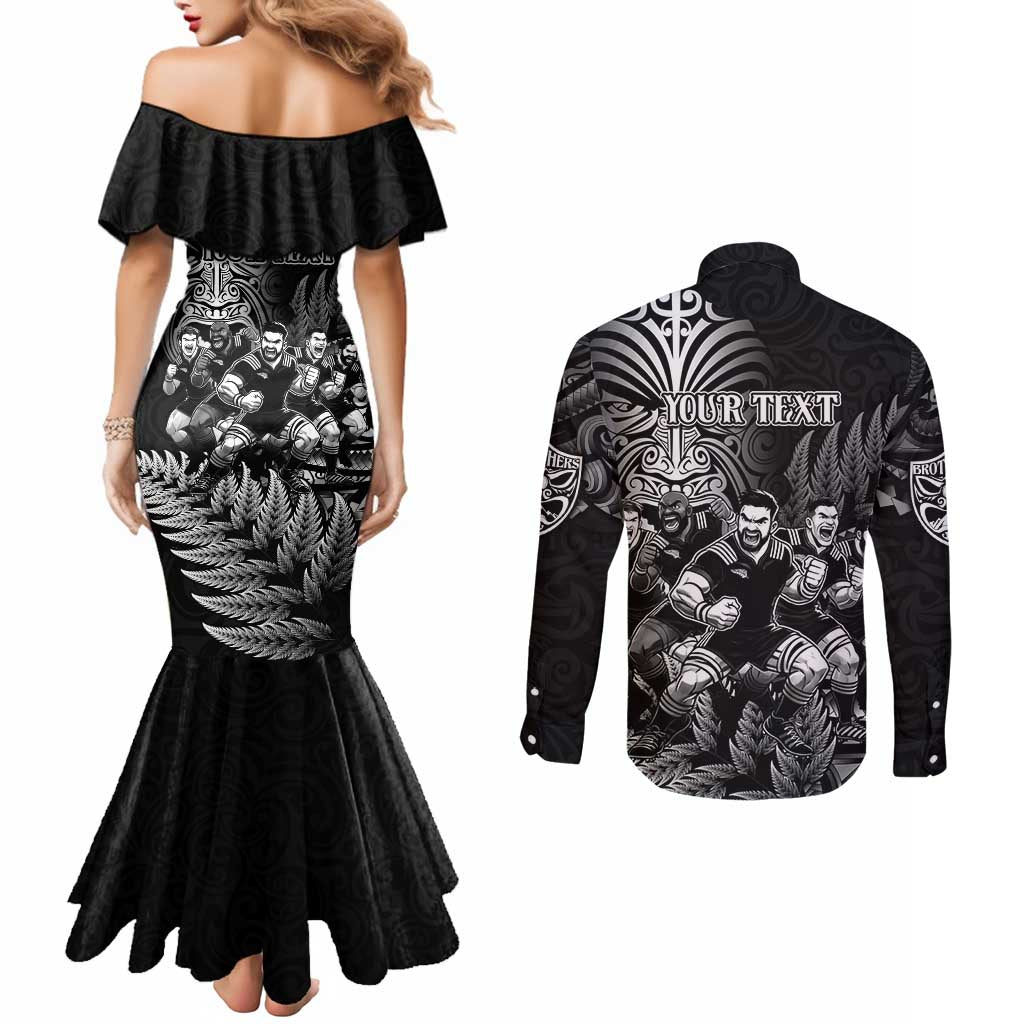 Personalized All Black Brothers Rugby Couples Matching Mermaid Dress and Long Sleeve Button Shirt New Zealand Maori Haka