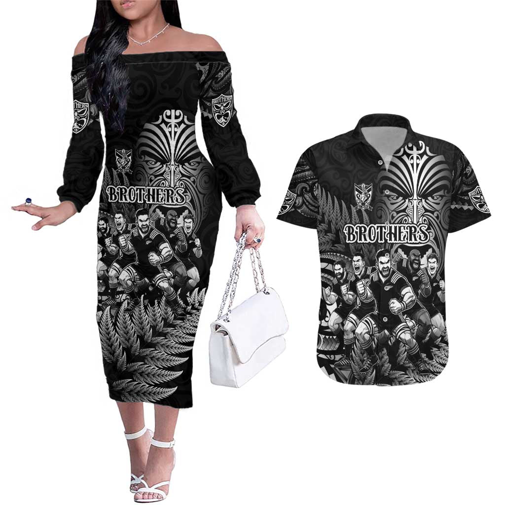 Personalized All Black Brothers Rugby Couples Matching Off The Shoulder Long Sleeve Dress and Hawaiian Shirt New Zealand Maori Haka