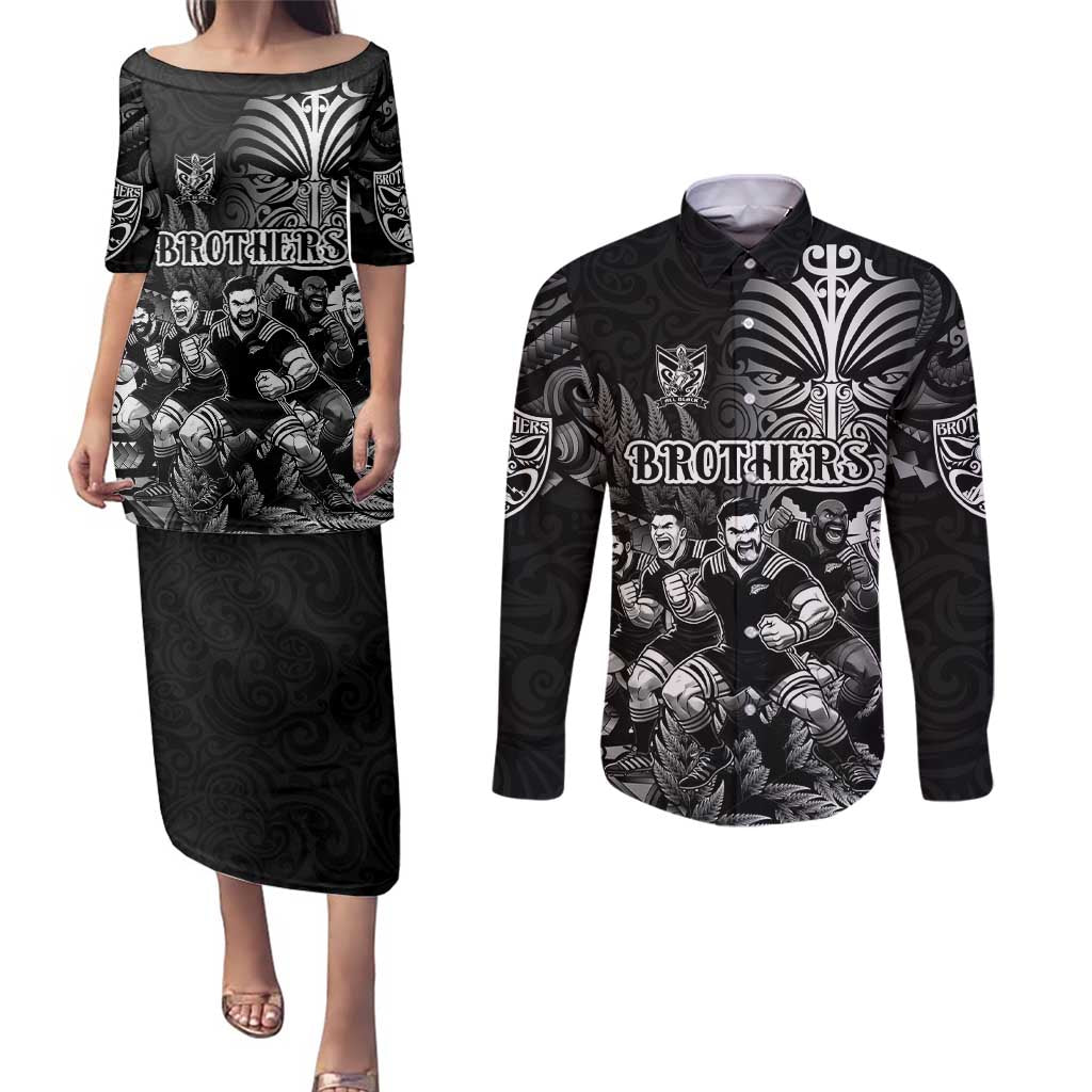 Personalized All Black Brothers Rugby Couples Matching Puletasi and Long Sleeve Button Shirt New Zealand Maori Haka