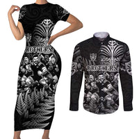 Personalized All Black Brothers Rugby Couples Matching Short Sleeve Bodycon Dress and Long Sleeve Button Shirt New Zealand Maori Haka