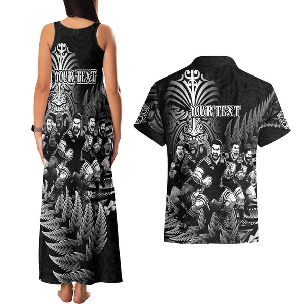 Personalised New Zealand Rugby Couples Matching Tank Maxi Dress and Hawaiian Shirt Aotearoa Ka Mate Haka All Black Mix Ta Moko Green Style LT9