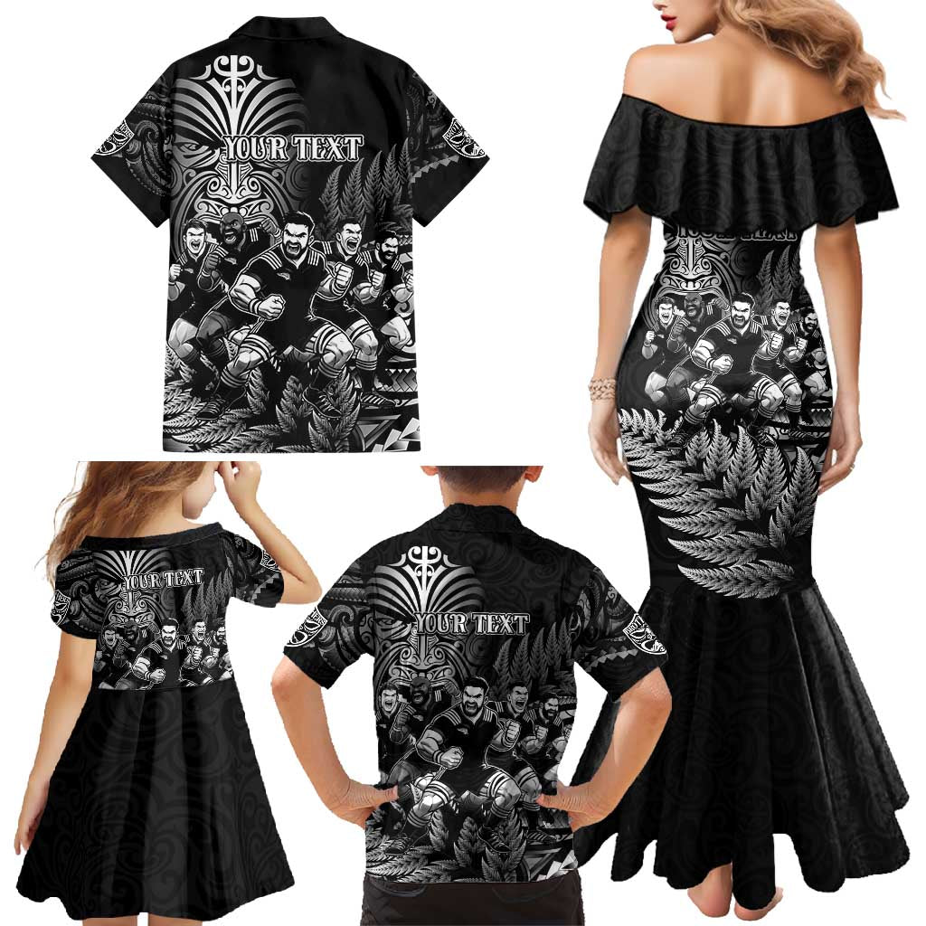 Personalized All Black Brothers Rugby Family Matching Mermaid Dress and Hawaiian Shirt New Zealand Maori Haka