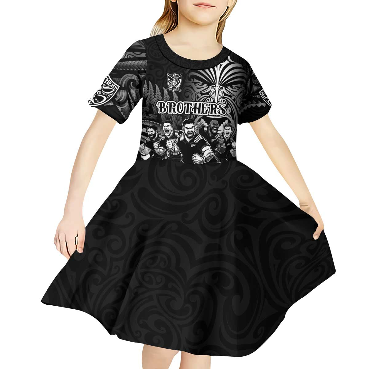 Personalized All Black Brothers Rugby Kid Short Sleeve Dress New Zealand Maori Haka
