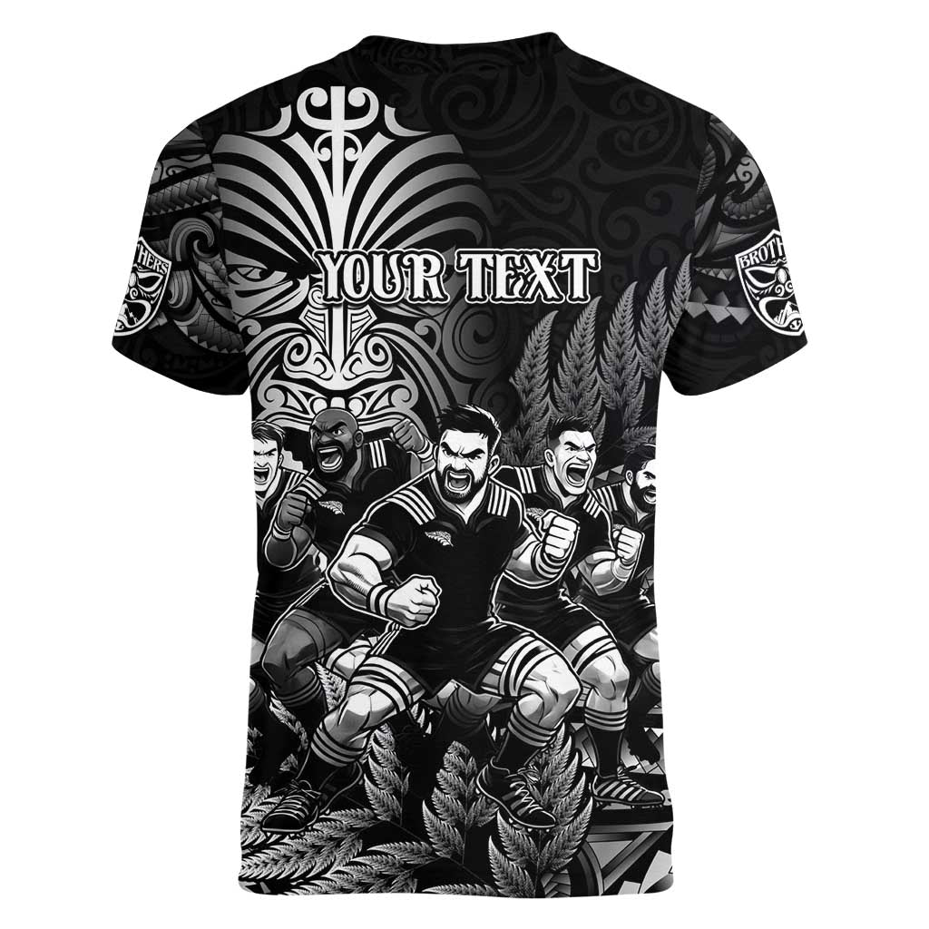 Personalized All Black Brothers Rugby Women V-Neck T-Shirt New Zealand Maori Haka