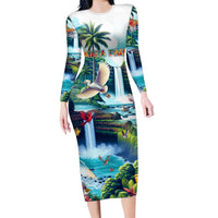 Wailua Falls Hawaii Family Matching Long Sleeve Bodycon Dress and Hawaiian Shirt Kauai Natural Beauty DT02 Mom's Dress Art - Polynesian Pride