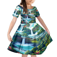 Wailua Falls Hawaii Family Matching Off The Shoulder Long Sleeve Dress and Hawaiian Shirt Kauai Natural Beauty DT02 Daughter's Dress Art - Polynesian Pride