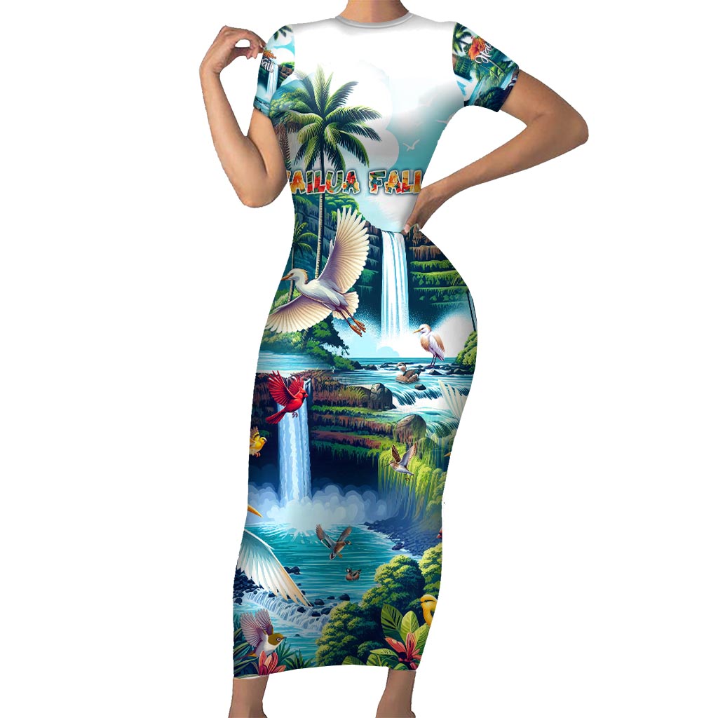 Wailua Falls Hawaii Short Sleeve Bodycon Dress Kauai Natural Beauty