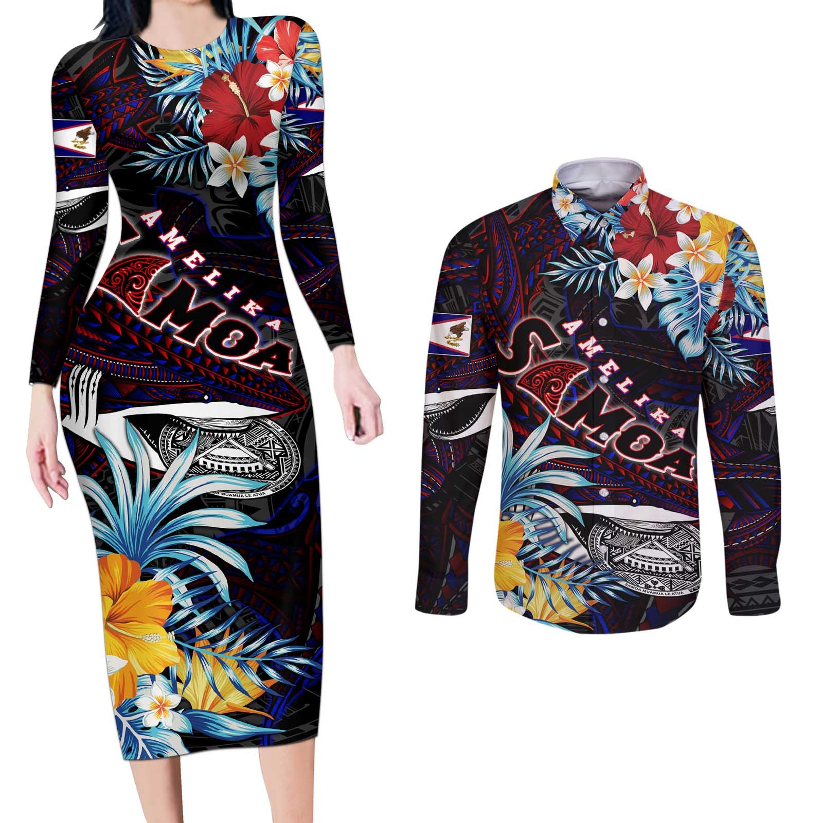 Personalized Amelika Samoa Sharks Polynesia Couples Matching Long Sleeve Bodycon Dress and Long Sleeve Button Shirt American Samoa DT02 Black - Polynesian Pride