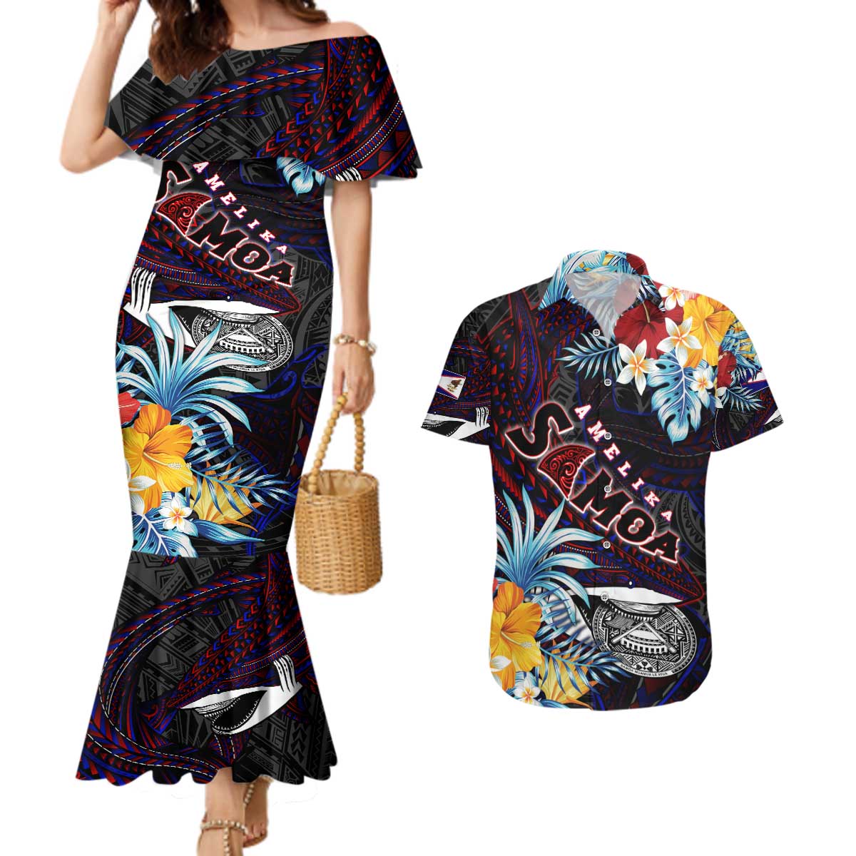 Personalized Amelika Samoa Sharks Polynesia Couples Matching Mermaid Dress and Hawaiian Shirt American Samoa DT02 Black - Polynesian Pride