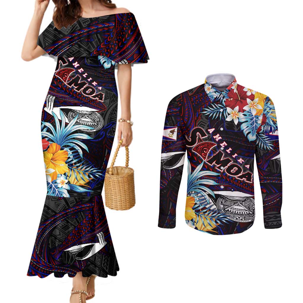 Personalized Amelika Samoa Sharks Polynesia Couples Matching Mermaid Dress and Long Sleeve Button Shirt American Samoa DT02 Black - Polynesian Pride