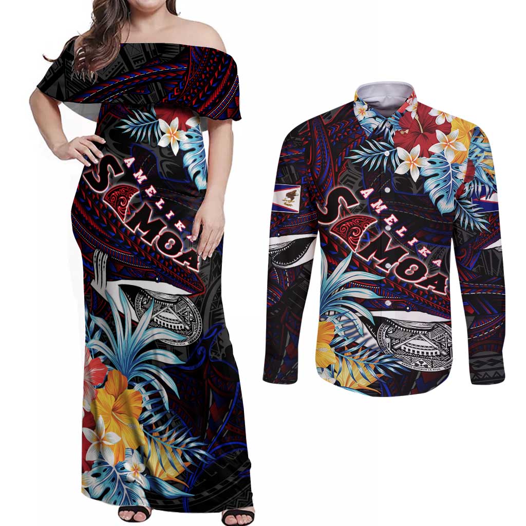 Personalized Amelika Samoa Sharks Polynesia Couples Matching Off Shoulder Maxi Dress and Long Sleeve Button Shirt American Samoa DT02 Black - Polynesian Pride