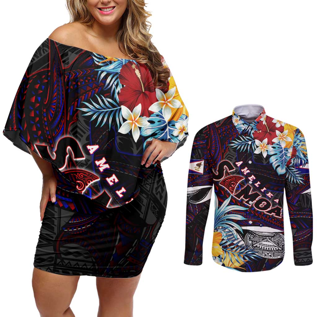 Personalized Amelika Samoa Sharks Polynesia Couples Matching Off Shoulder Short Dress and Long Sleeve Button Shirt American Samoa DT02 Black - Polynesian Pride