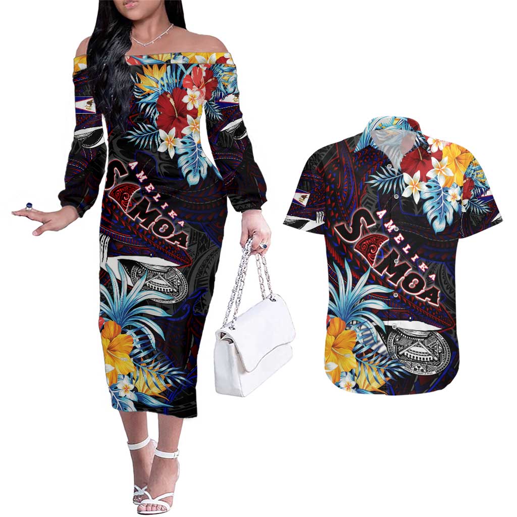 Personalized Amelika Samoa Sharks Polynesia Couples Matching Off The Shoulder Long Sleeve Dress and Hawaiian Shirt American Samoa DT02 Black - Polynesian Pride
