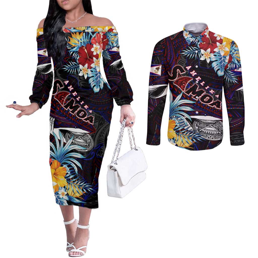 Personalized Amelika Samoa Sharks Polynesia Couples Matching Off The Shoulder Long Sleeve Dress and Long Sleeve Button Shirt American Samoa DT02 Black - Polynesian Pride