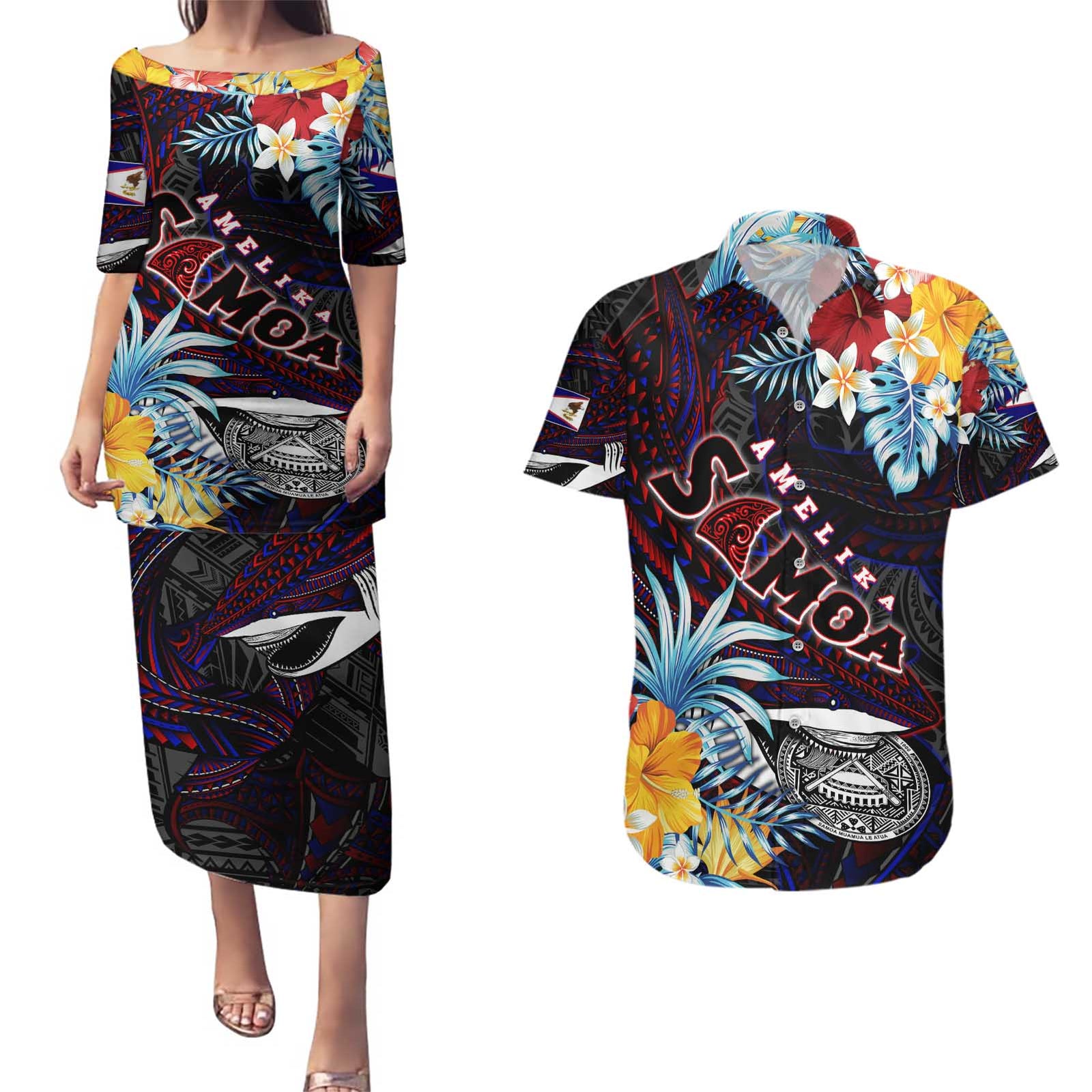 Personalized Amelika Samoa Sharks Polynesia Couples Matching Puletasi and Hawaiian Shirt American Samoa DT02 Black - Polynesian Pride