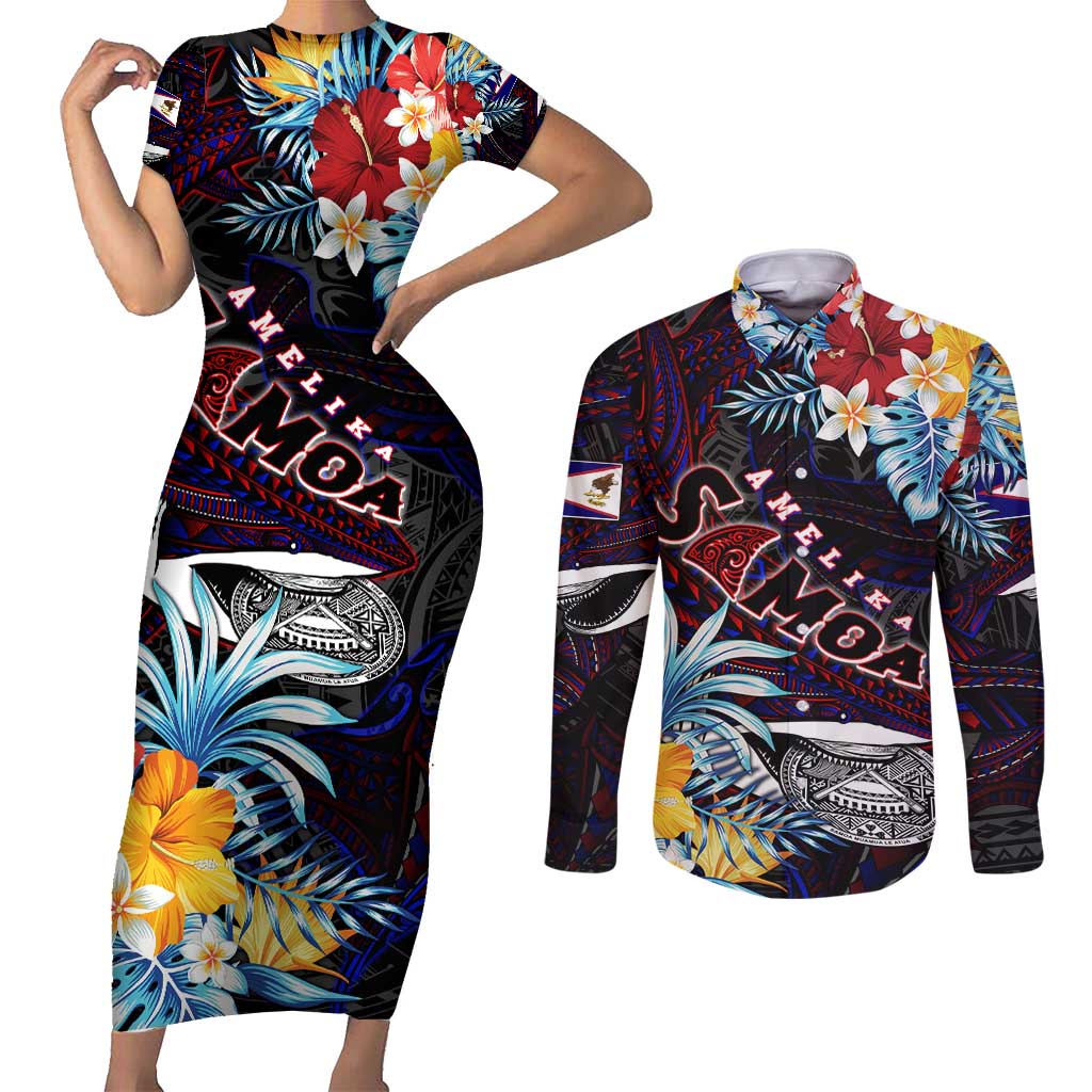 Personalized Amelika Samoa Sharks Polynesia Couples Matching Short Sleeve Bodycon Dress and Long Sleeve Button Shirt American Samoa DT02 Black - Polynesian Pride